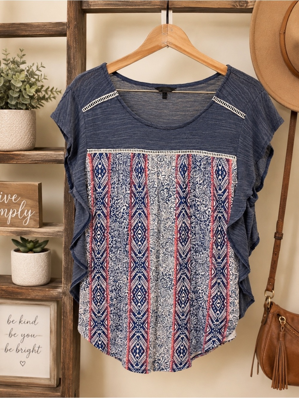 Women’s Navy Blue Patterned Short Sleeve Top